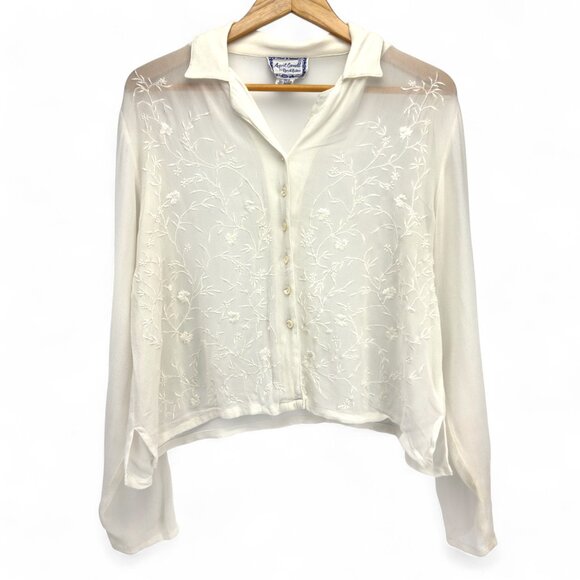 April Cornell Tops - APRIL CORNELL VTG Fairycore Floral Embroidered Sheer Ivory Buttoned Blouse M